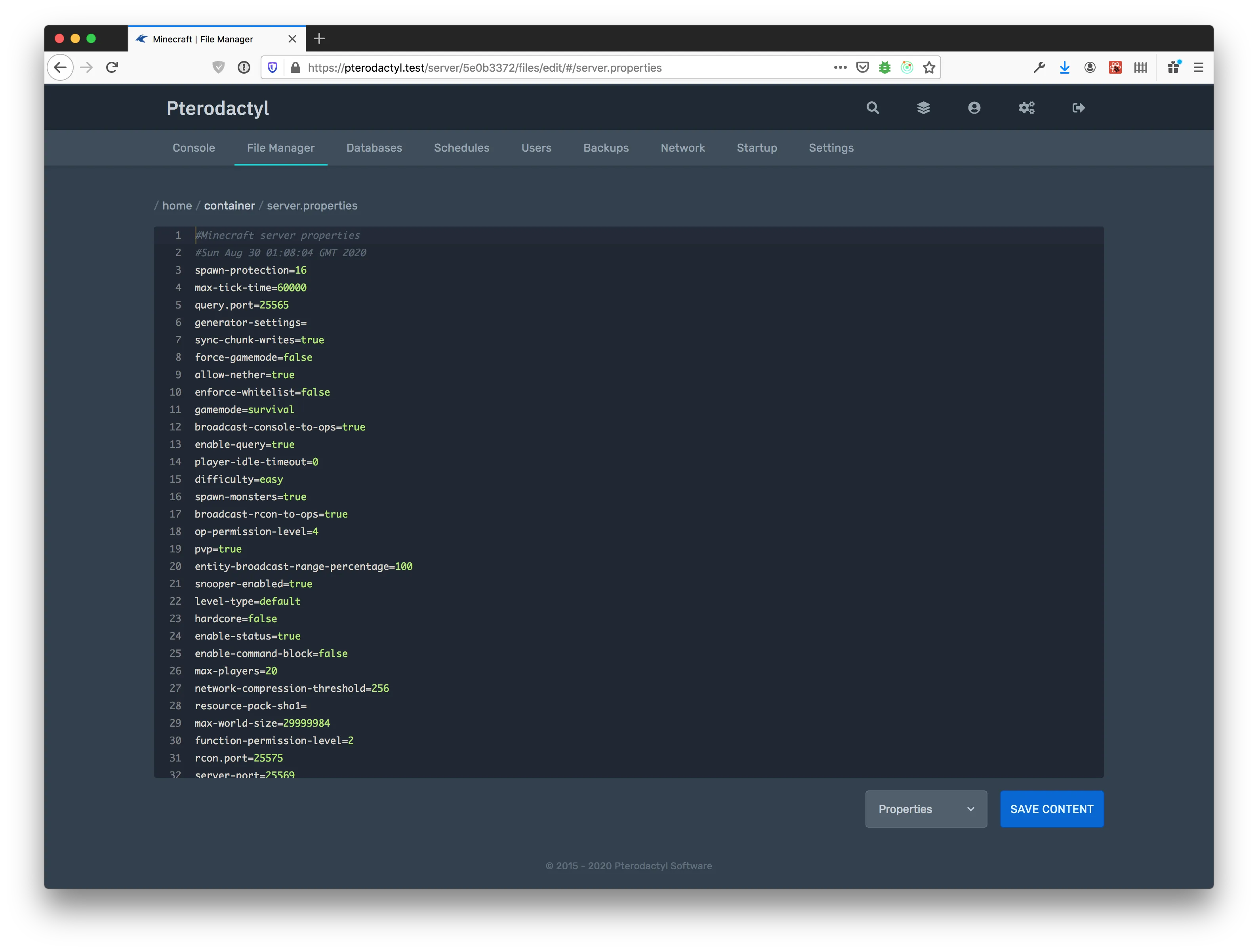 Pterodactyl interface screenshot