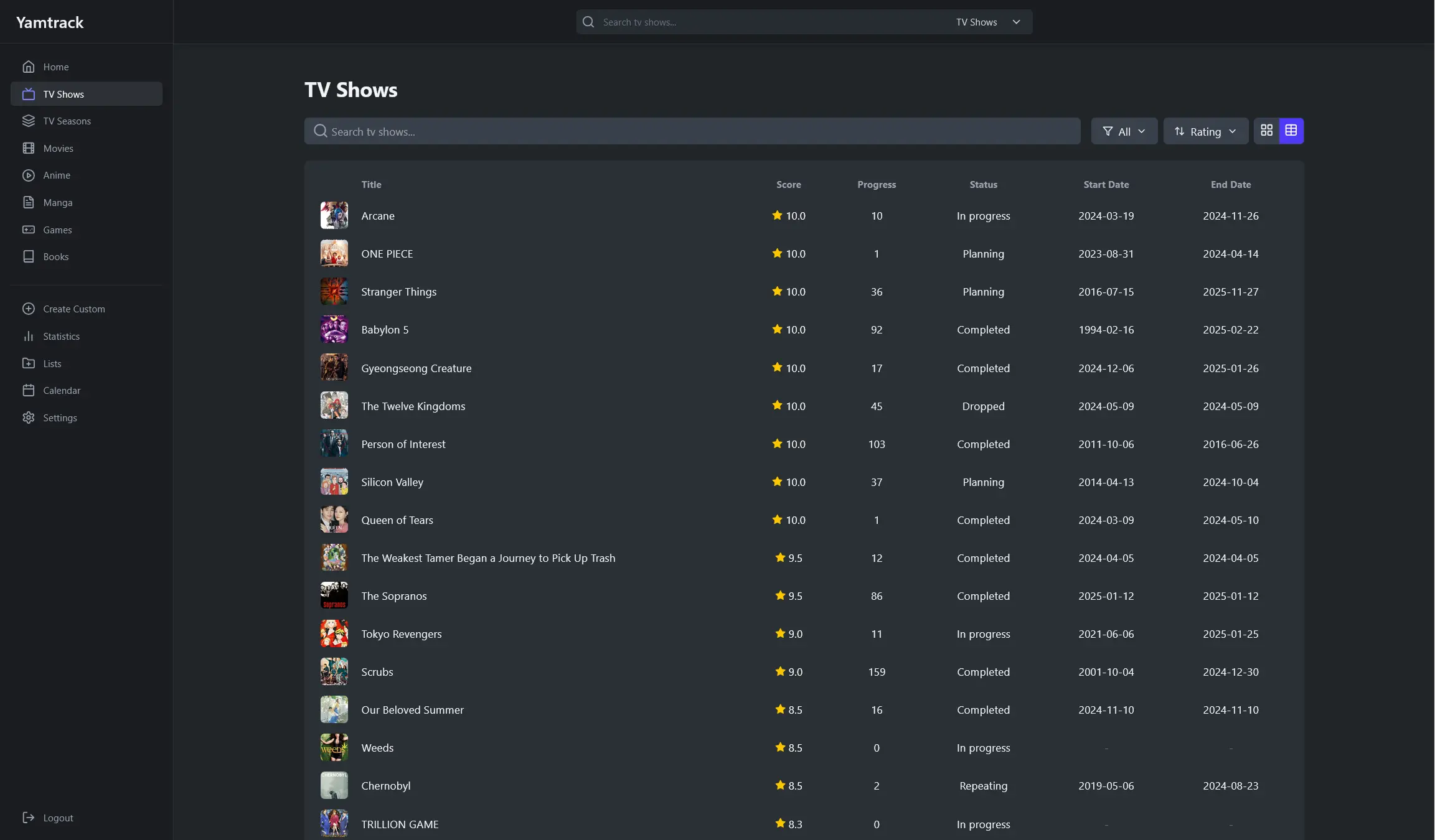 Yamtrack interface screenshot