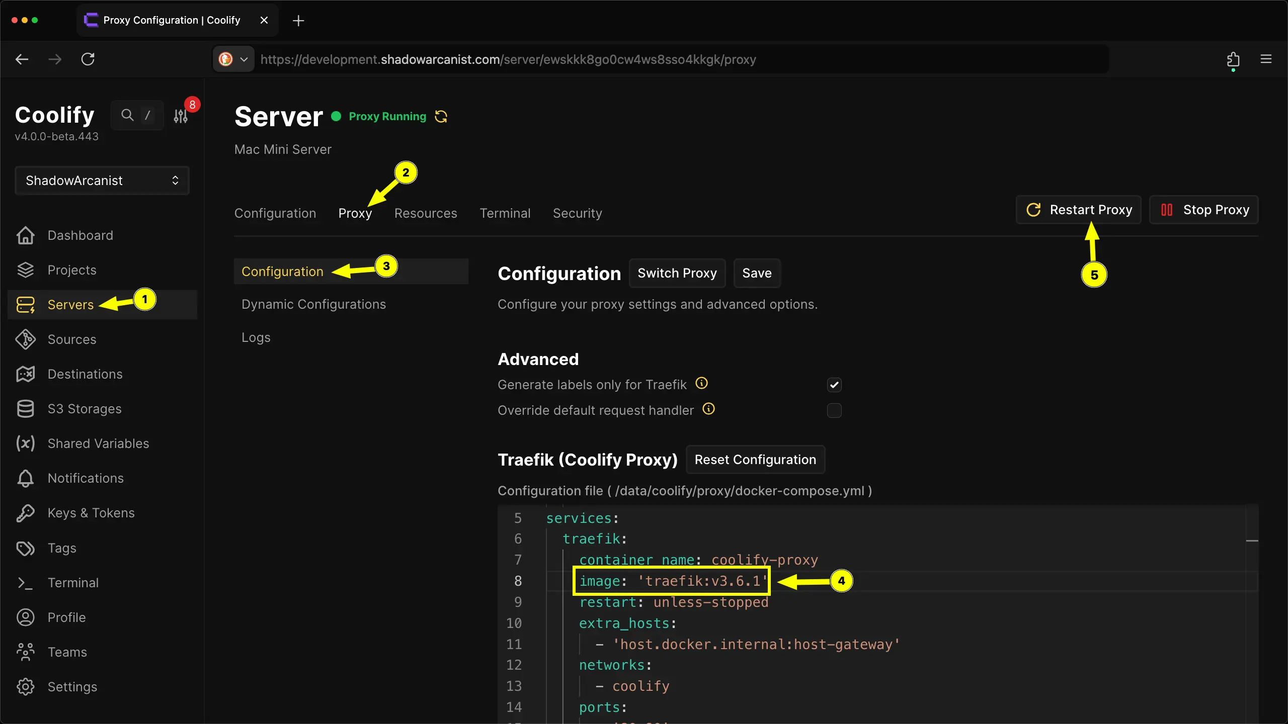coolify proxy traefik version update